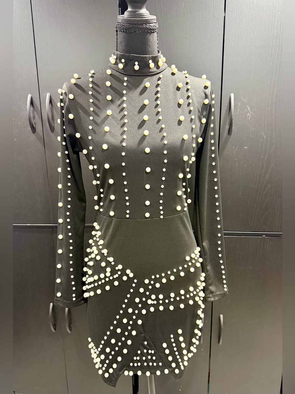 CBR Black Long-Sleeve Sheath Dress with Pearl Studs